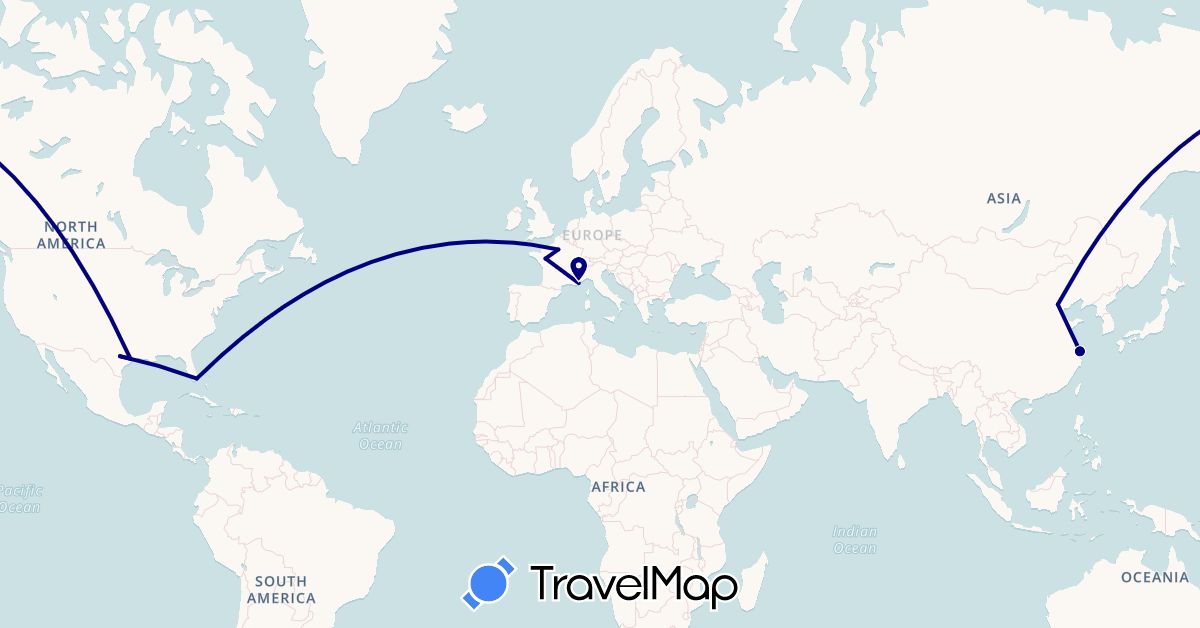 TravelMap itinerary: driving in China, France, United States (Asia, Europe, North America)
